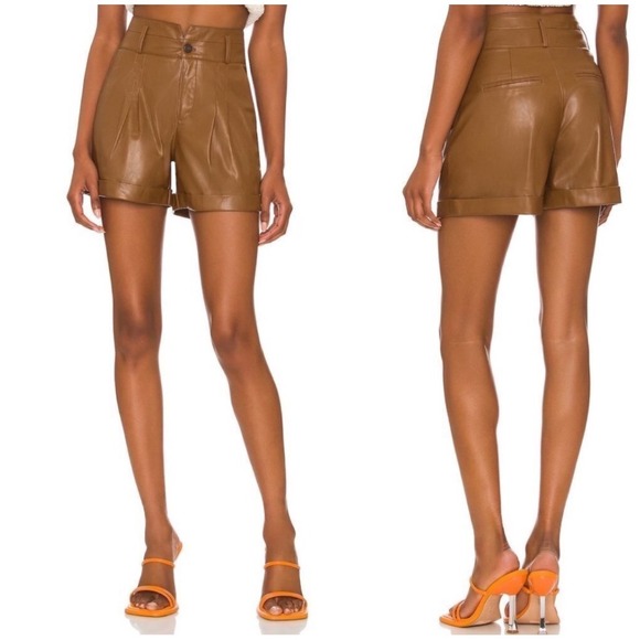 PAIGE Blanka Short Dark Argan Vegan Leather Brown High Rise Pleated Size 8 - Picture 9 of 10